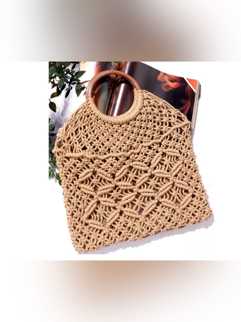 MACRAMÉ TOTE WOODEN HANDLES FOLDOVER  CROSSBODY STRAP NWT